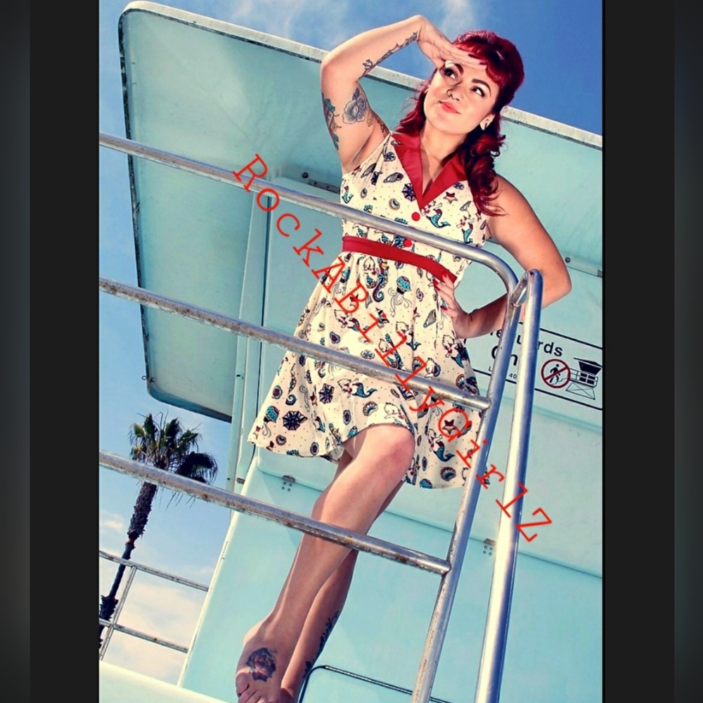Sourpuss June Kewpie Doll Mermaid Seahorse Nautical Jellyfish Tattoo Flash Dress - Picture 7 of 10